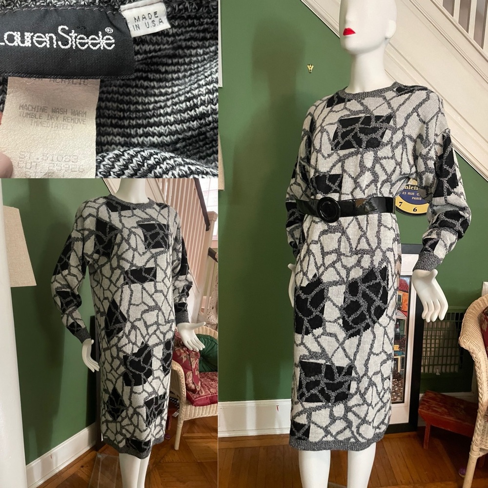 Vintage 80s 90s graphic black & white sweater dress. Acrylic . USA L. Steele 1sz